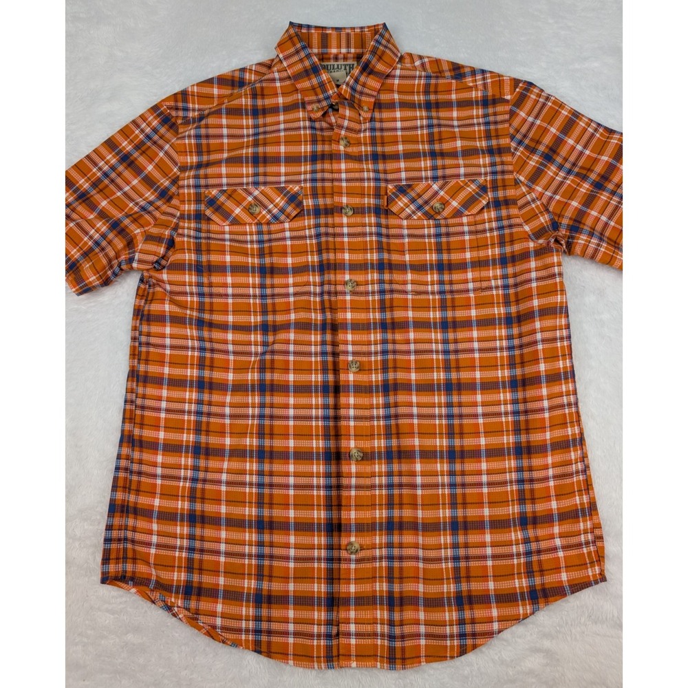 Duluth Trading‎ Shirt Men's Size M Orange Plaid Short Sleeve Pockets Polyester
